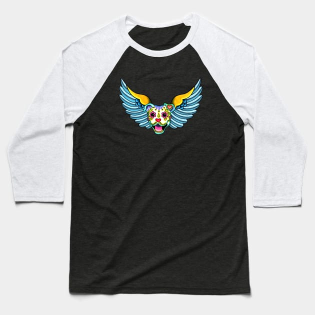 All Pit Bulls go to Heaven - Day of the Dead Winged Pitbull - Sugar Skull Angel Baseball T-Shirt by prettyinink